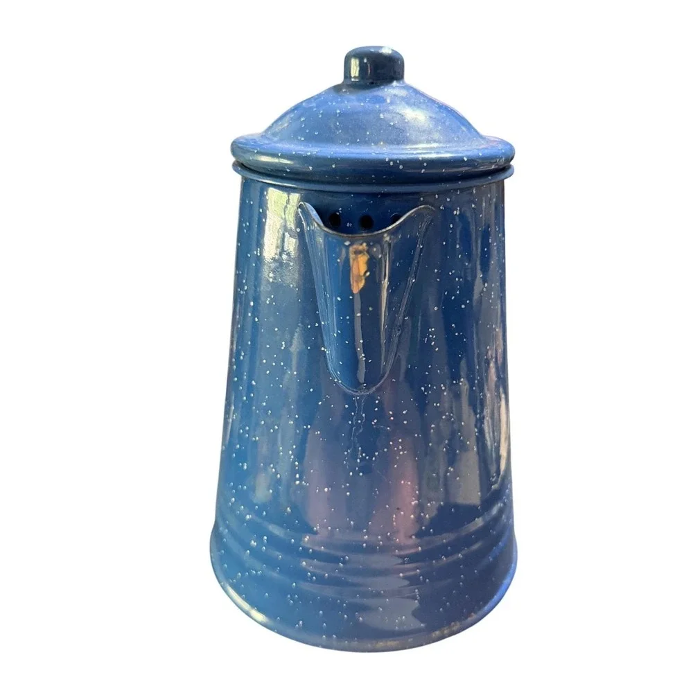 Vintage Tres Blue Speckled Enamelware Coffee Pot Pitcher Mexico Graniteware